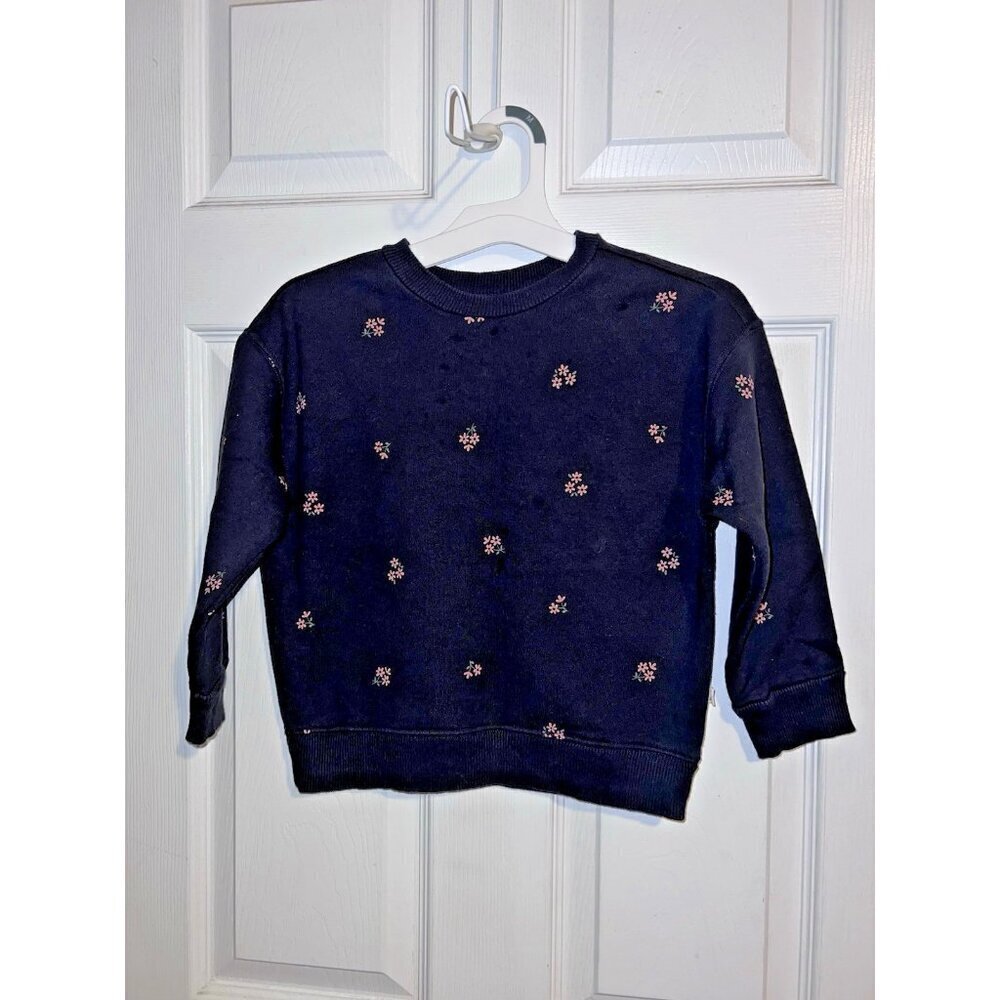 EASY-PEASY Girls Navy Floral Print Organic Cotton Blend Crewneck Pullover Sz 5T